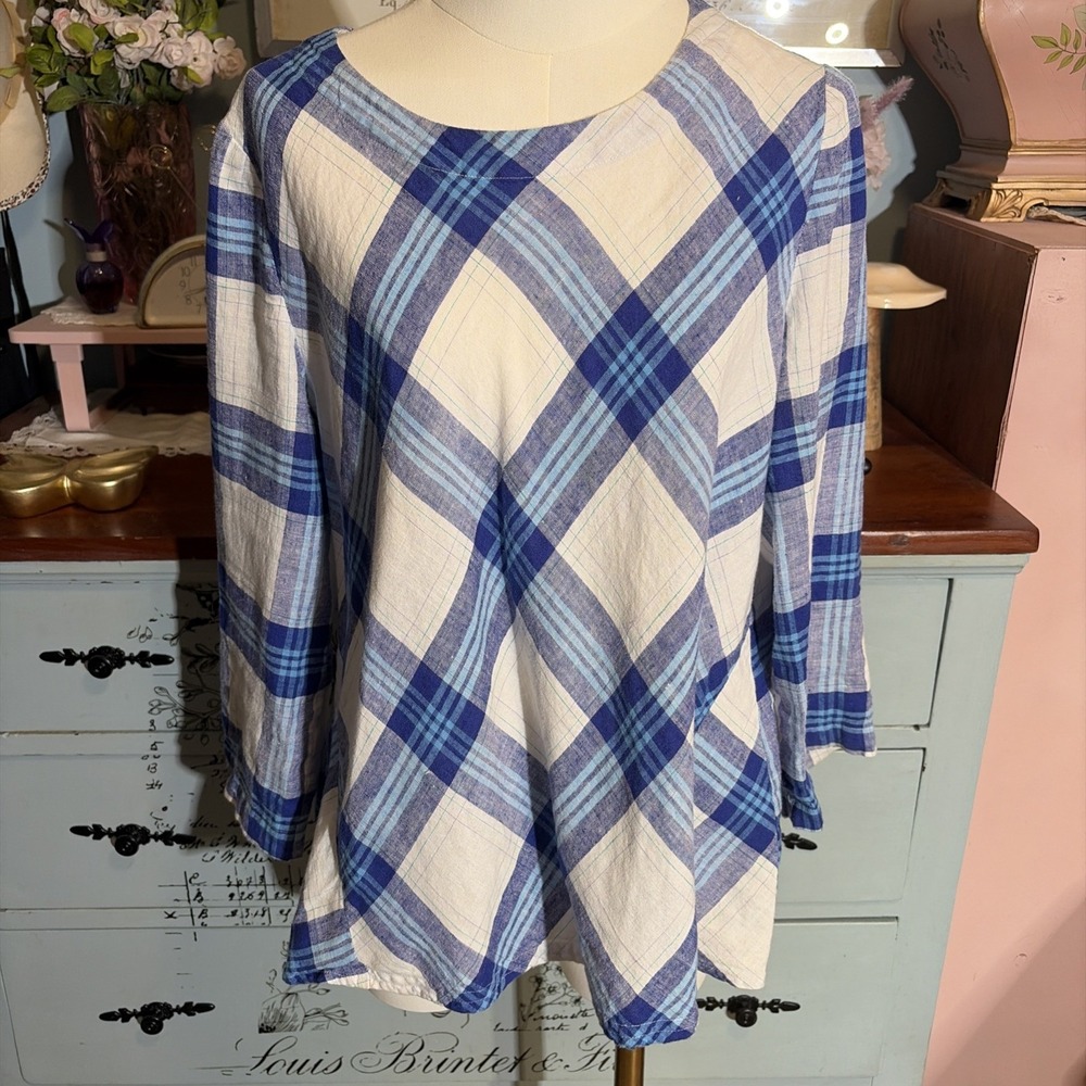 Habitat Blue Plaid Scoop Neck Tunic. Linen/Cotton Blend 3/4 Sleeves Size M.